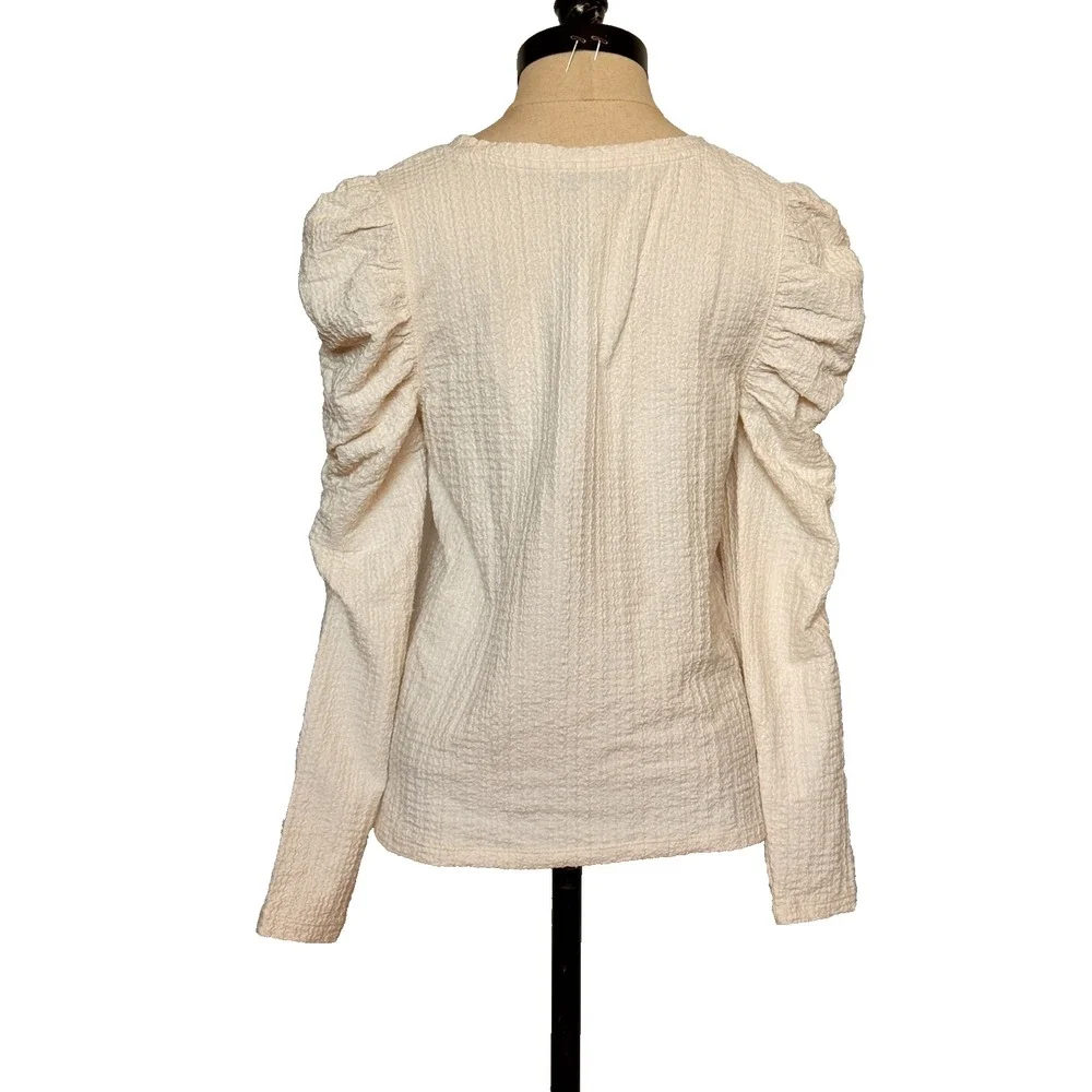 NWT LOFT Womens‎ S Top Long Sleeve Puff Shoulders Ivory Cream Ruched Stretch